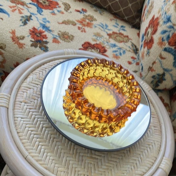 VINTAGE FENTON 5” AMBER ORANGE GLASS HOBNAIL AND RUFFLE TOP ASHTRAY- no decal - Picture 10 of 14